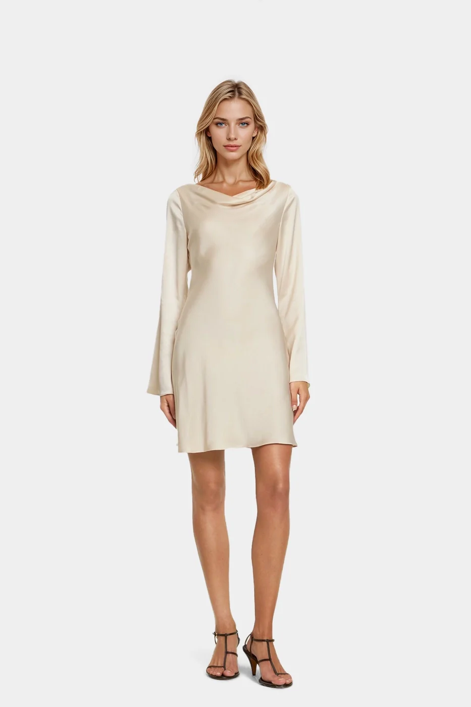 Cream satin cowl-neck minidress with flared long sleeves, perfect for weddings.