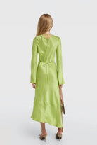 Kate Satin Midi Dress in green with adjustable ties and V-neckline.