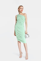 Lisa one-shoulder short dress in mint green with ruched details.