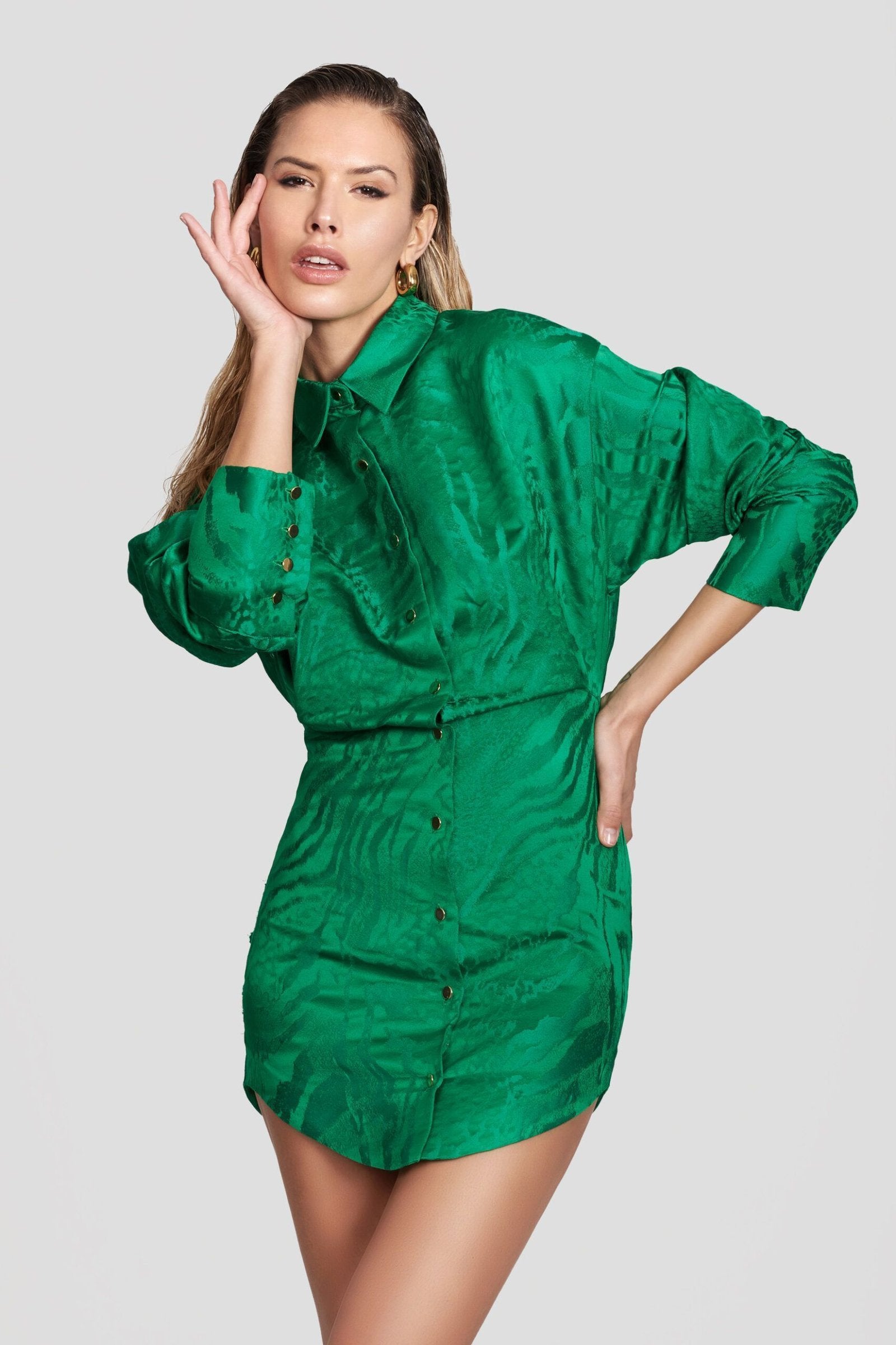 Lorena green satin mini dress with jacquard print