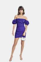 Giulia Taffeta Minidress in purple with elegant puff sleeves.