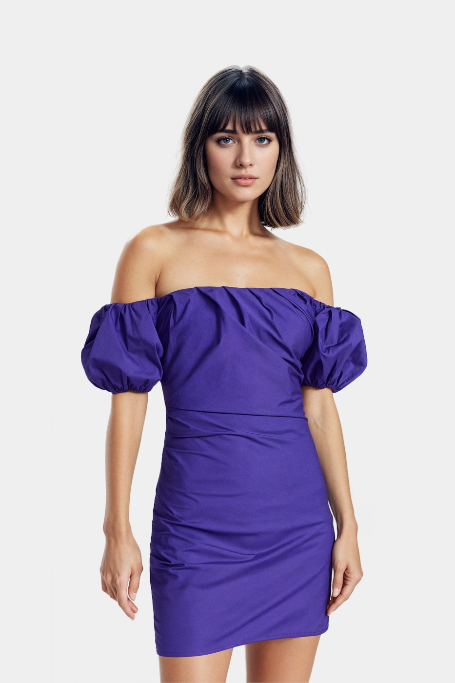 Chic purple dress with a fitted silhouette and side draping.