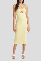 Lua Organic Cotton Ribbed Dress in yellow with square neckline.