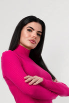 Fuchsia Midi Rib Dress with high neck and long sleeves.