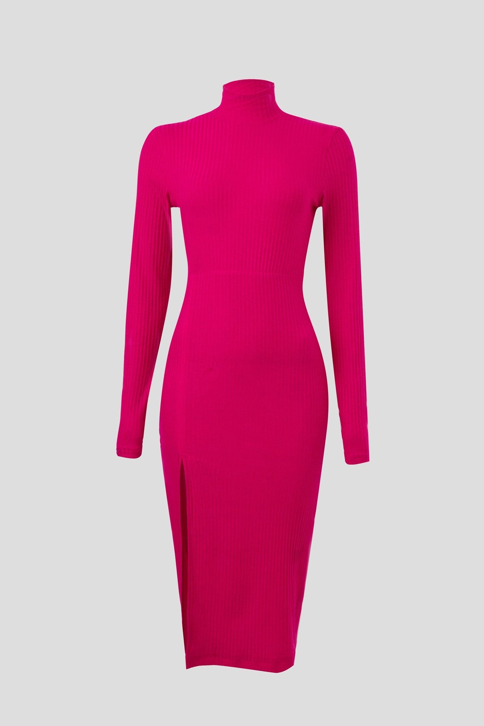 Fuchsia Midi Rib Dress with high neck and long sleeves.