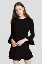 Ruffled stretch-crepe dress in classic black with long sleeves.