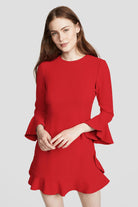 Ruffled stretch-crepe dress in vibrant red with long sleeves.