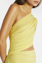 Jane Draped One-Shoulder Jersey Gown in yellow with asymmetrical detailing.