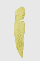 Elegant yellow gown designed for a chic and fitted silhouette.