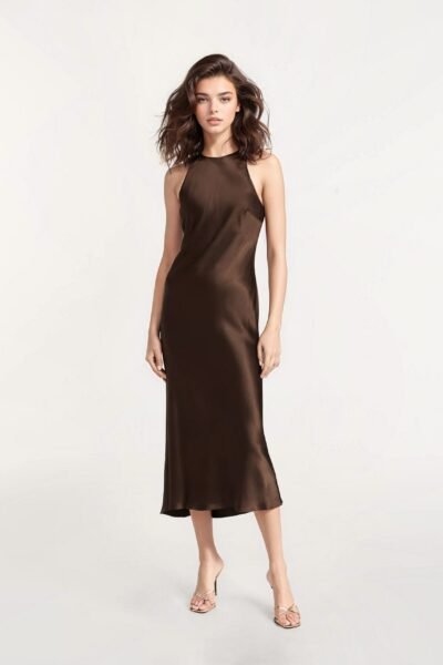 brown-satin-midi-dress