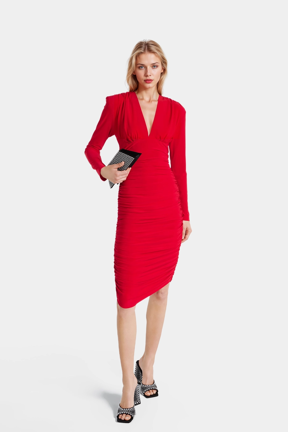 Anne Draped Red V-Neck Dress - Front View
